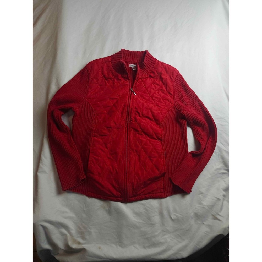 Croft & Barrow Womens Red Mixed Media Quilted Full Zip Ribbed Cardigan Sweater L